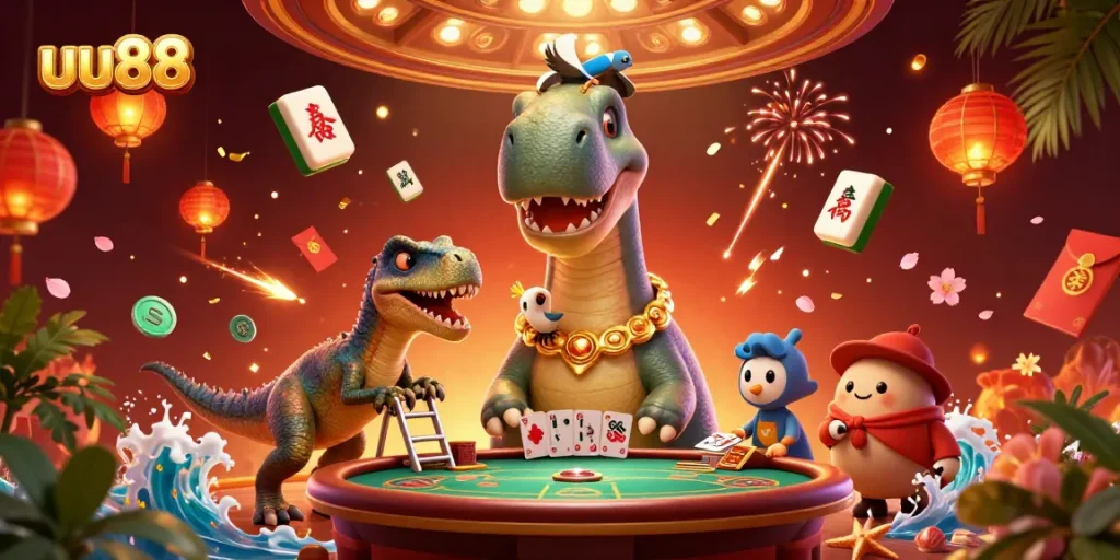 Experience thrilling gameplay with uu88 featuring a giant brontosaurus dealer in a vibrant casino scene.