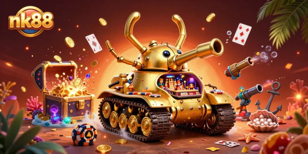 Experience thrilling gameplay at nk88 with vibrant casino elements and a golden beetle tank backdrop.