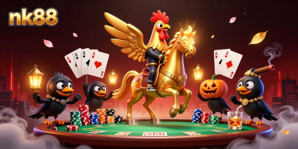 Experience the thrill of nk88 as the golden rooster makes waves in a midnight casino scene.