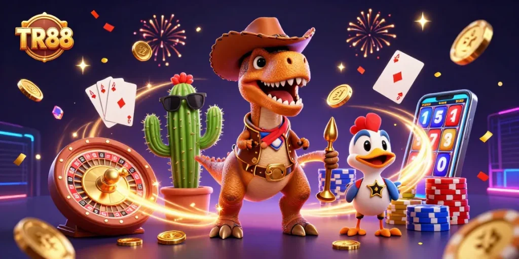Experience thrill and jackpots at TR88 with vibrant casino elements and dynamic characters.