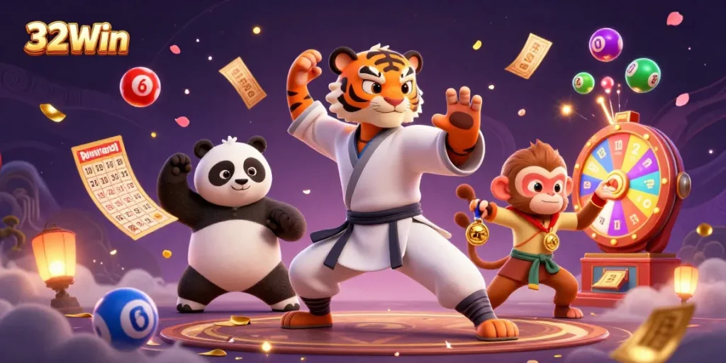 Engage with 32Win's vibrant casino scene of a kung fu tiger master and his students amidst lottery fun.