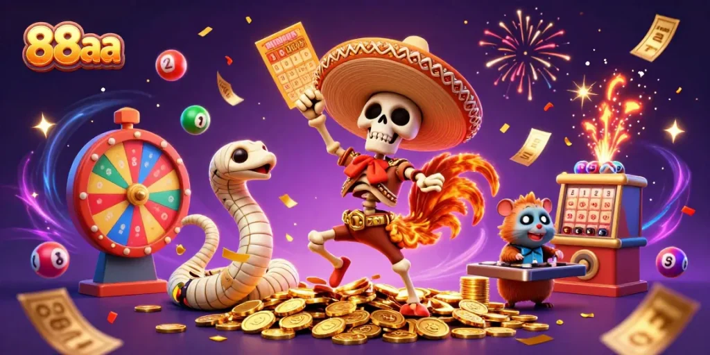 Win big at 88aa with a lively 3D illustration featuring a mariachi rooster, a mummy snake, and a DJ hamster