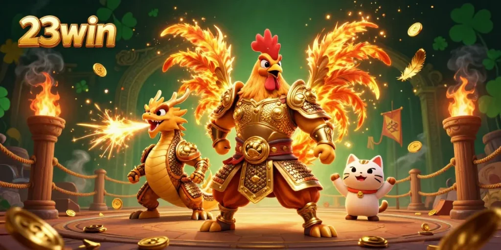 Experience the thrill of 23win in this dynamic casino scene depicting a fighting rooster, dragon hatchling, and spirited fortune cat.