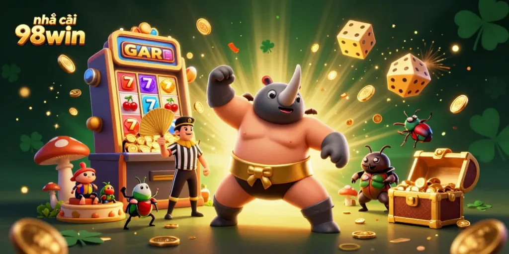 Engage with the excitement of nhà cái 98win featuring a cartoon beetle champion amidst casino elements